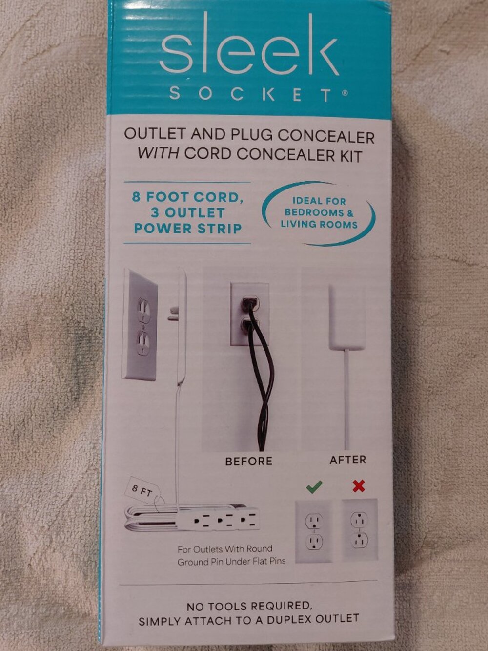 Sleek Socket Ultra-Thin Plug Concealer 8 ft 3 Outlet White Cord Concealer Kit